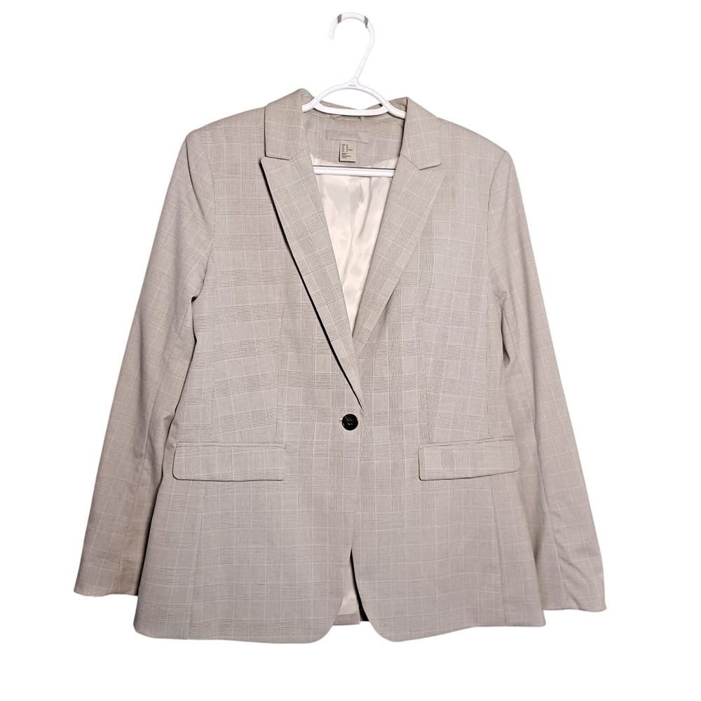 HM Womens Grey Glen Check Plaid Single Button Blazer Jacket Size 12 Professional